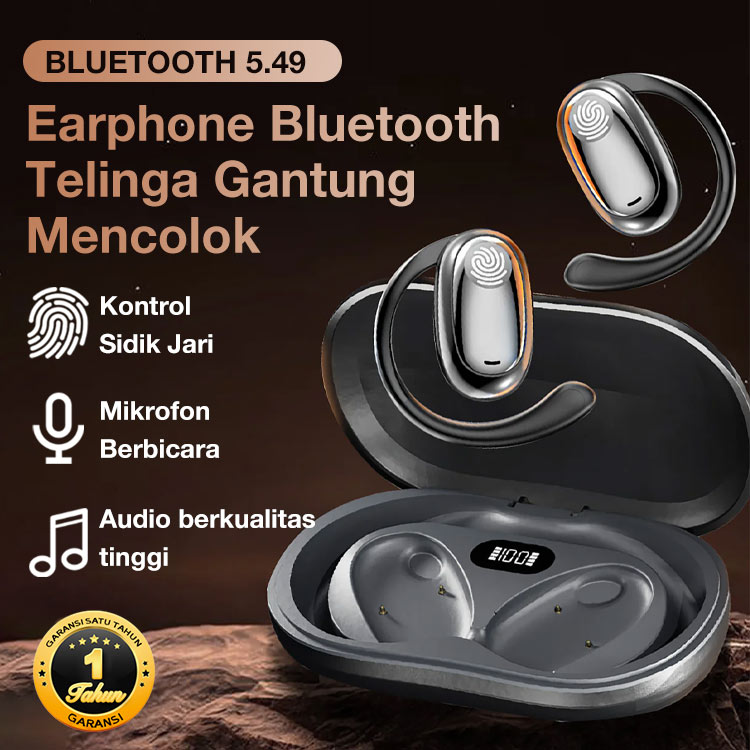 Garansi Satu Tahun - Earphone Bluetooth Sporty Hanging Ear - Kontrol Sidik Jari, Audio berkualitas tinggi, Waktu siaga sangat lama