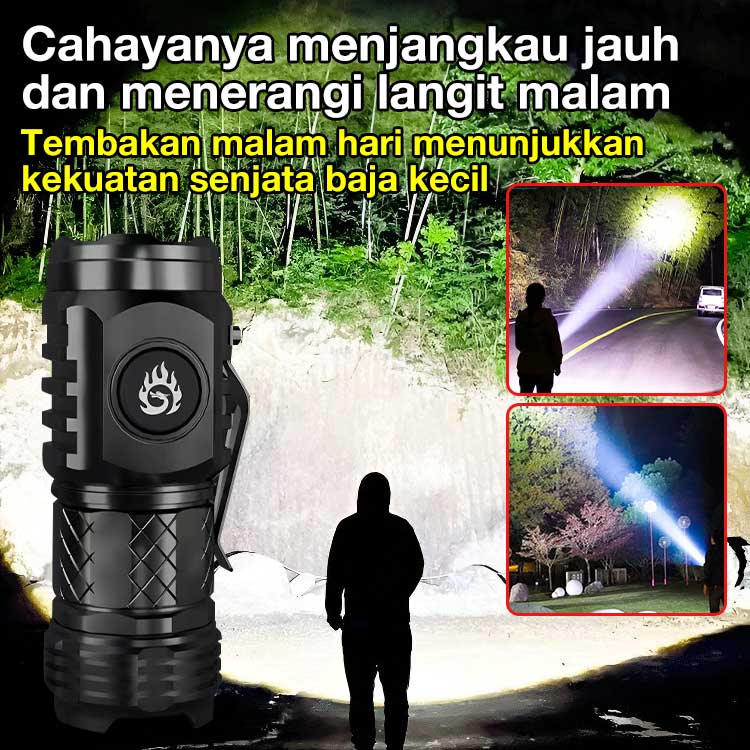 Senter LED Super Terang Jerman - Kisaran penerangan 200-500m. daya tahan 20 jam. Pengisian cepat Tipe-C. 5 mode. Garansi 1 tahun