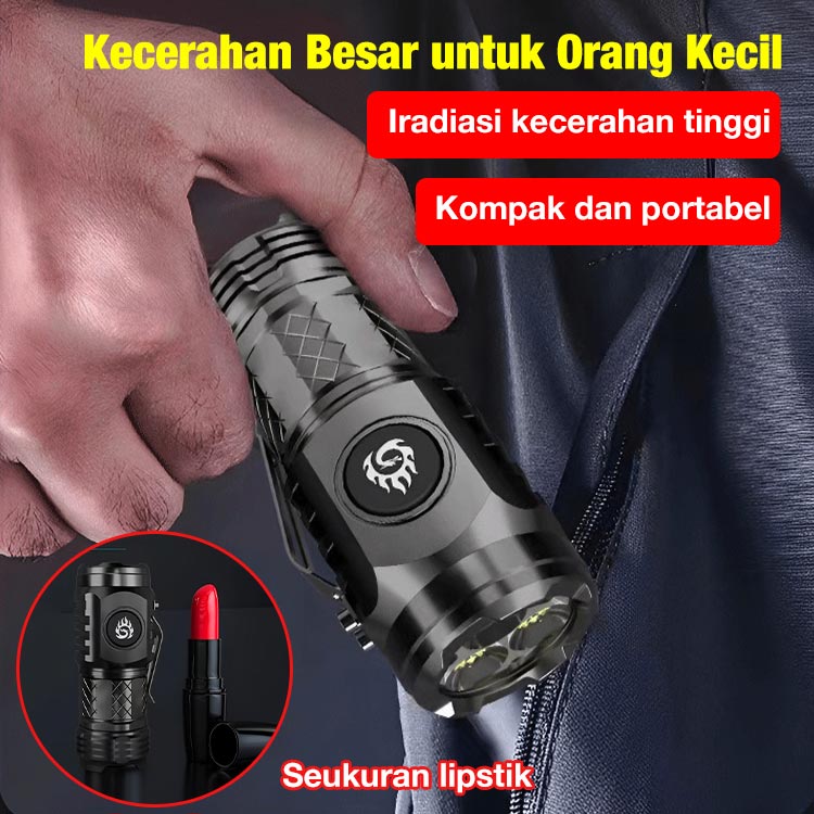 Senter LED Super Terang Jerman - Kisaran penerangan 200-500m. daya tahan 20 jam. Pengisian cepat Tipe-C. 5 mode. Garansi 1 tahun